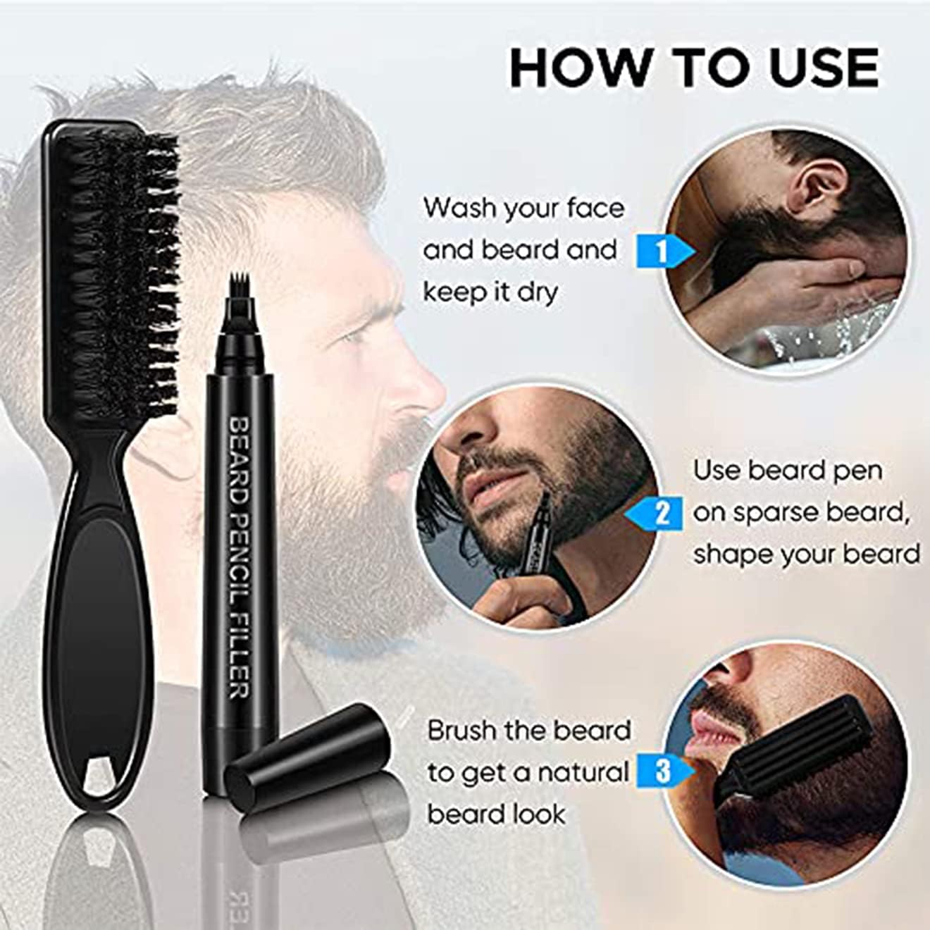 Beard Pencil Filler for Men | Waterproof Beard & Mustache Filler with Brush | Natural Patch Cover